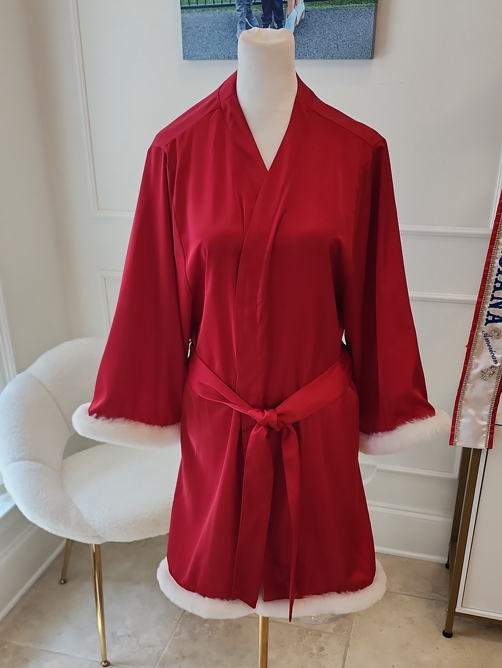 Luxurious Red Satin Robe with White Faux Fur Trim